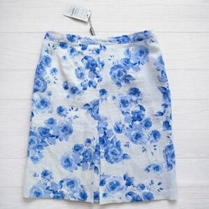 European LINEN Floral Skirt White Blue Roses Floral Lined 10 European PUNT ROMA
